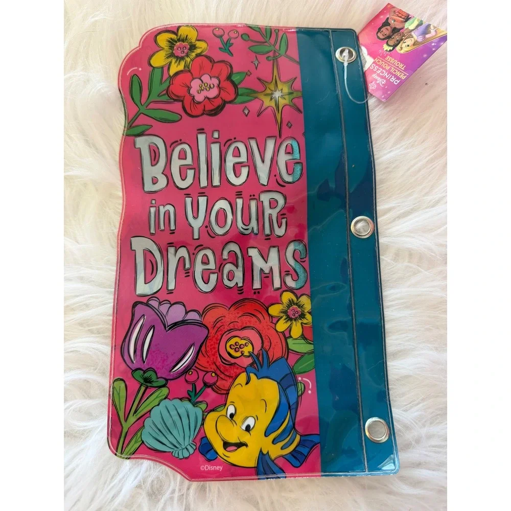 Disney Princess Pencil Pouch 3 Ring Binder Ariel Tiana Flounder Pink Teal NEW